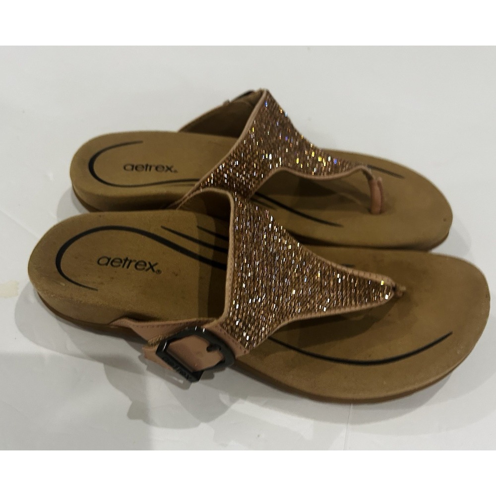 Aetrex Sandals Shoes Women Size 7 Brown Thong Wedge Rhinestone Comfort Orthotic